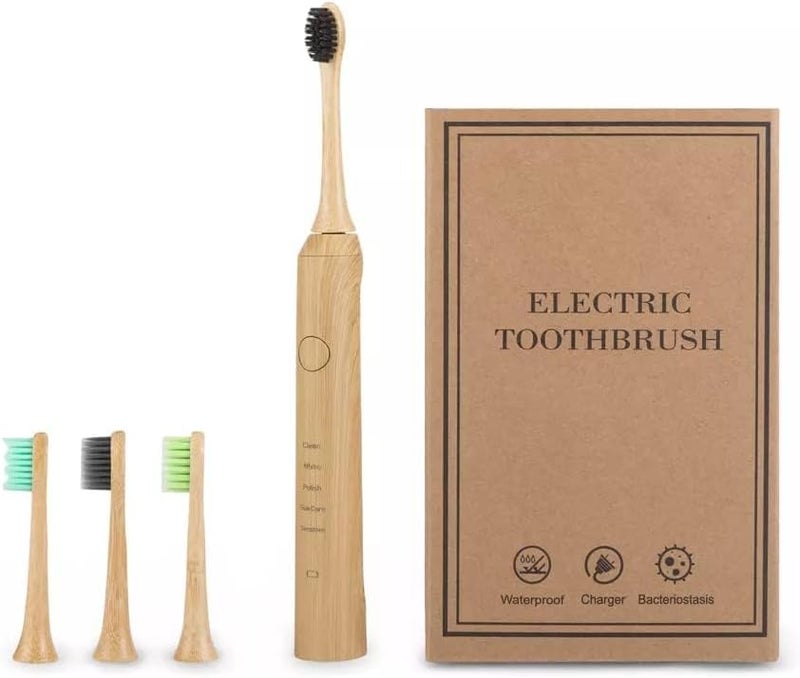 FAYET Electric Bamboo Toothbrush, IPX8 Waterproof, Smart Sonic Electric Toothbrush 3 Replaceable Bamboo Toothbrush Head，5 Mode Rechargeable Electric Bamboo Toothbrush for Adults and Kids - Image 2