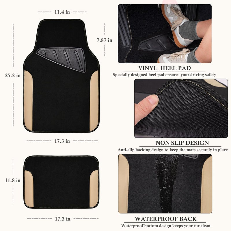CAR PASS Waterproof Car Floor Mat, Universal Fit Car Mats with Driver Heel Pad, Leather Car Carpet, Anti-Slip Nibbed Backing Floor Mats for SUV, Vans,Sedan,Truck, Automotive Floor Mats (Black Beige) - Image 2