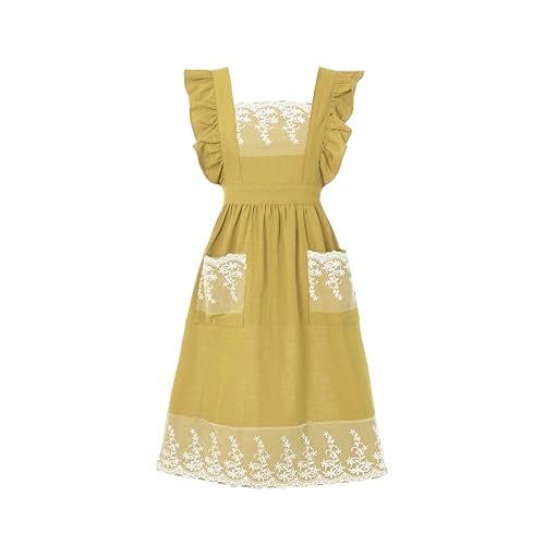 Aoomzoon Aoomzoom Vintage Aprons for Woman with Pockets Cute Lace Ruffle Adjustable Apron for Cooking Kitchen Baking Gardening (Lemon Yellow) - Image 1