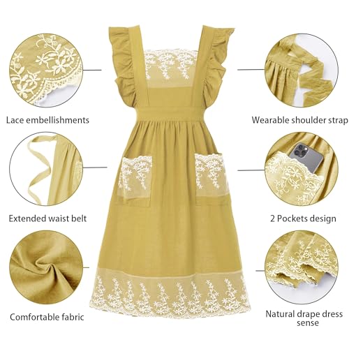 Aoomzoon Aoomzoom Vintage Aprons for Woman with Pockets Cute Lace Ruffle Adjustable Apron for Cooking Kitchen Baking Gardening (Lemon Yellow) - Image 4