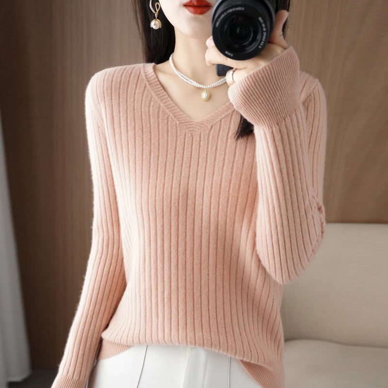 Wool Blended 2023 Autumn and Winter Womens Short New Slim-fit V-neck Solid Color Pit Strip Pullover Base Knit Sweater Sweater Lotus root starch 