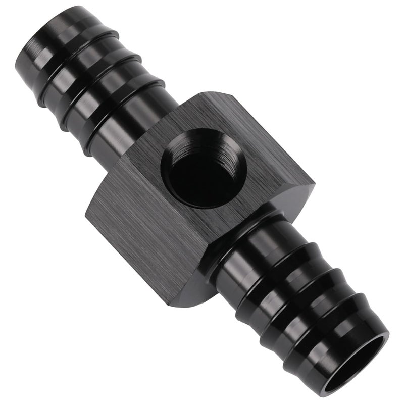 Podavelle 1/2 Hose Barb Inline Fuel Pressure Gauge T Fitting Adapter Union with 1/8 NPT Sensor Gage Port Aluminum Black - Image 1
