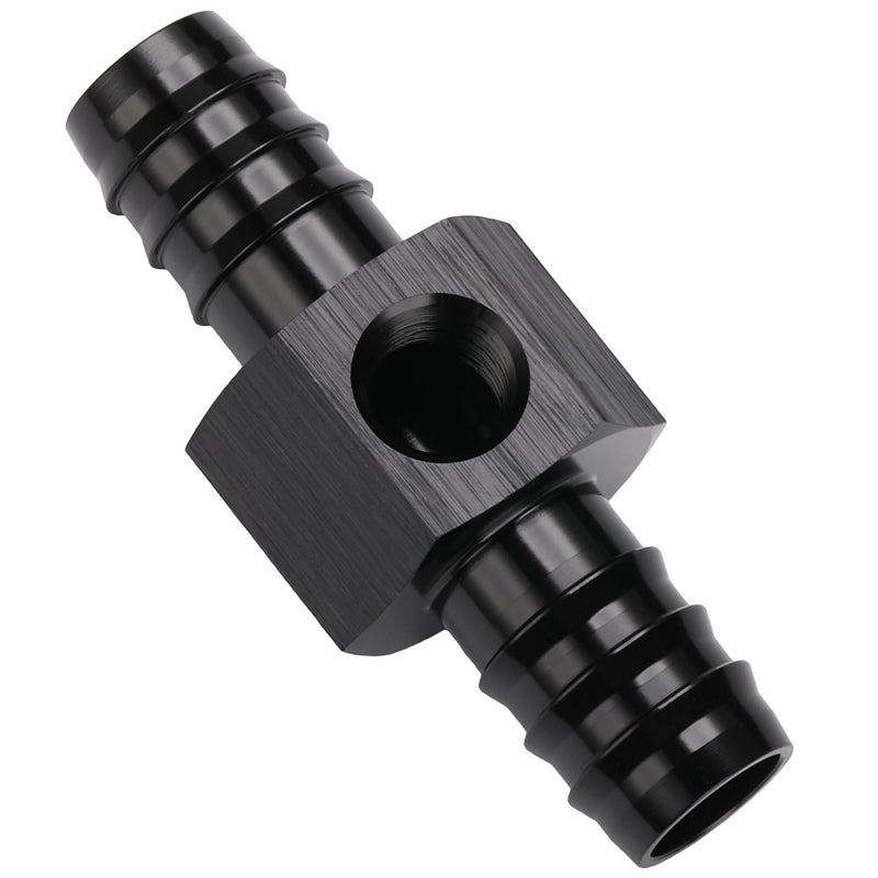 Podavelle 1/2 Hose Barb Inline Fuel Pressure Gauge T Fitting Adapter Union with 1/8 NPT Sensor Gage Port Aluminum Black - Image 3