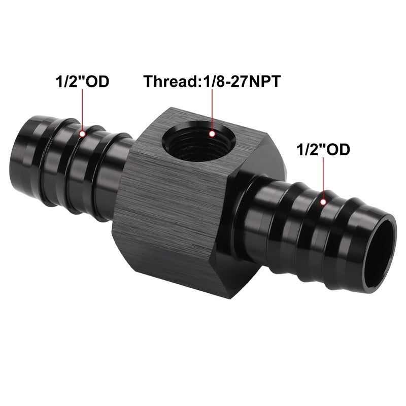 Podavelle 1/2 Hose Barb Inline Fuel Pressure Gauge T Fitting Adapter Union with 1/8 NPT Sensor Gage Port Aluminum Black - Image 2