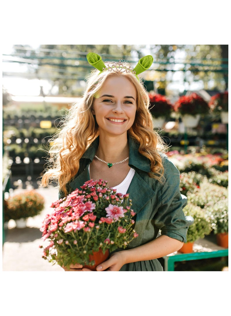 SYOSI 3Pcs Green Plush Ogre Ears Headband Gold Crown Heart Necklace, Monster Costume Party Accessories, Halloween Christmas Festival Theme Party Adult/Kids Cosplay Headwear Set  - Image 4