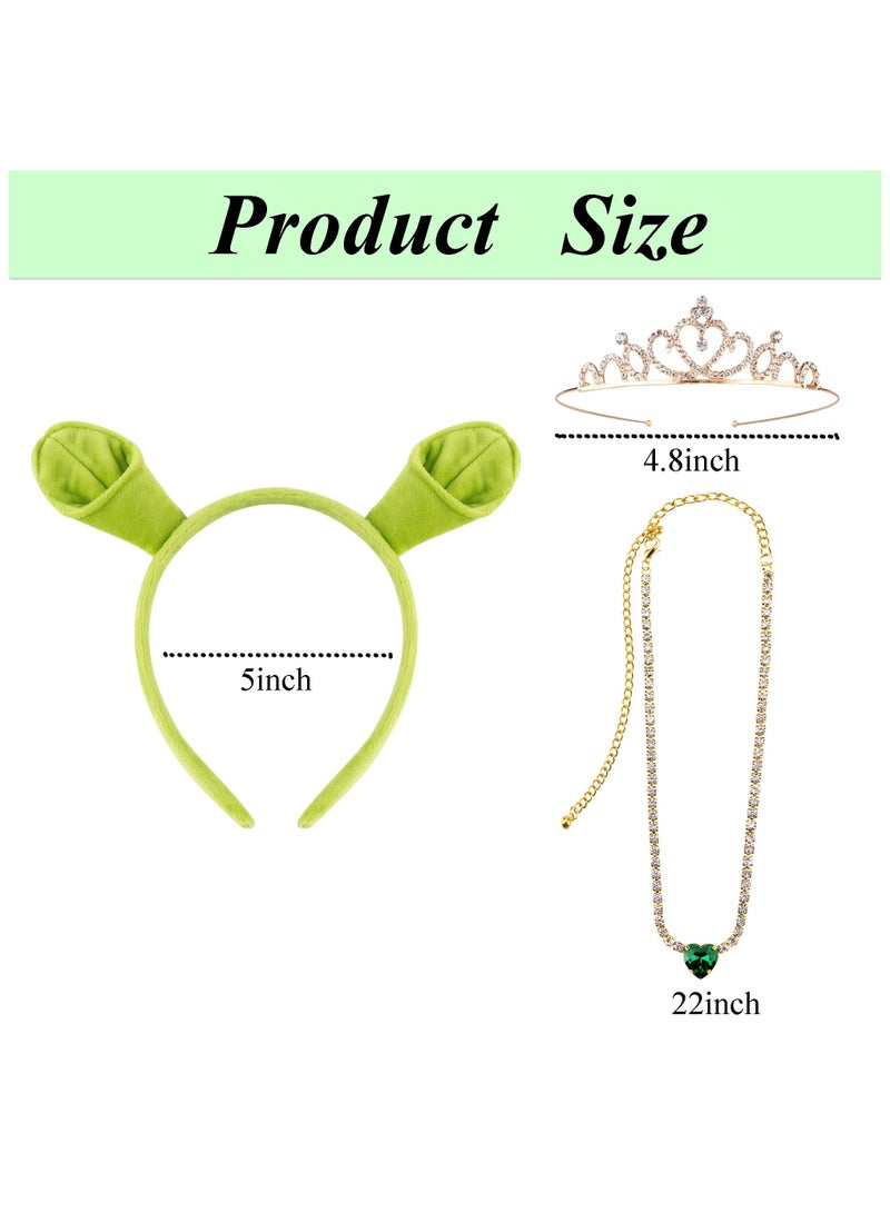 SYOSI 3Pcs Green Plush Ogre Ears Headband Gold Crown Heart Necklace, Monster Costume Party Accessories, Halloween Christmas Festival Theme Party Adult/Kids Cosplay Headwear Set  - Image 2