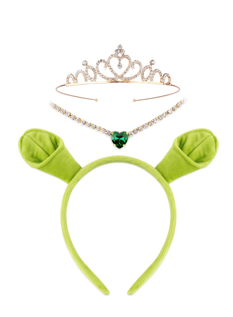SYOSI 3Pcs Green Plush Ogre Ears Headband Gold Crown Heart Necklace, Monster Costume Party Accessories, Halloween Christmas Festival Theme Party Adult/Kids Cosplay Headwear Set  - Image 1
