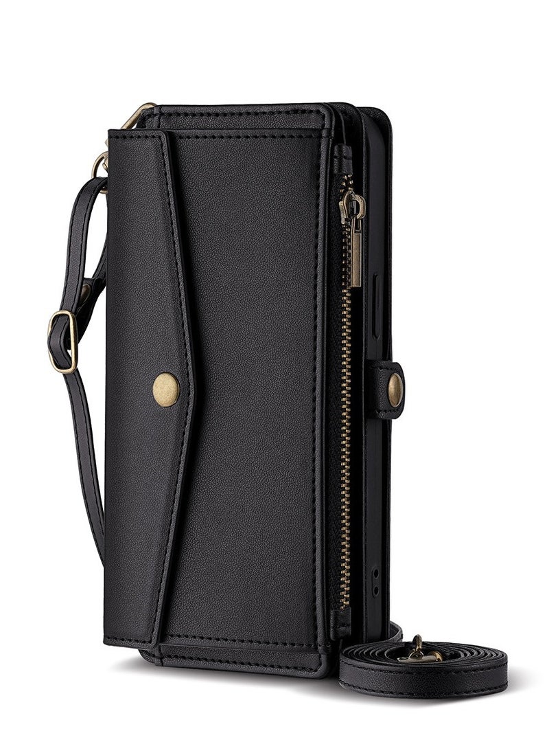 Generic - Phone Case for  ‌VIVO S20 Pro 5G Zipper Wallet Cover  Leather Card Holder Slot Stand Wrist Strap Women Black - Image 1