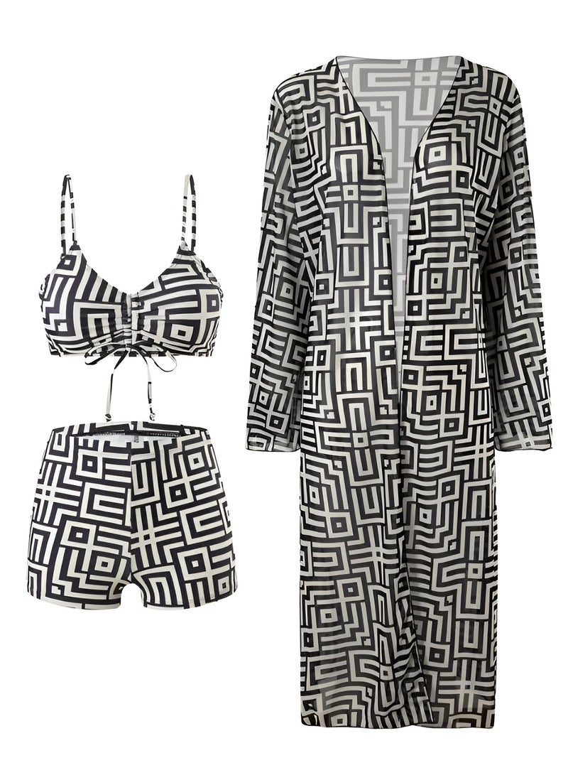 Charlie 3-Piece Women's Swimsuit Set – Black & White Geometric Bikini with Drawstring Top, High-Waisted Shorts & Lightweight Kimono Cover-Up | Stylish Swimwear for Beach, Pool & Vacation | 2025 Trendy Summer Beachwear for Women – Size S | Limited Stock  - Image 4