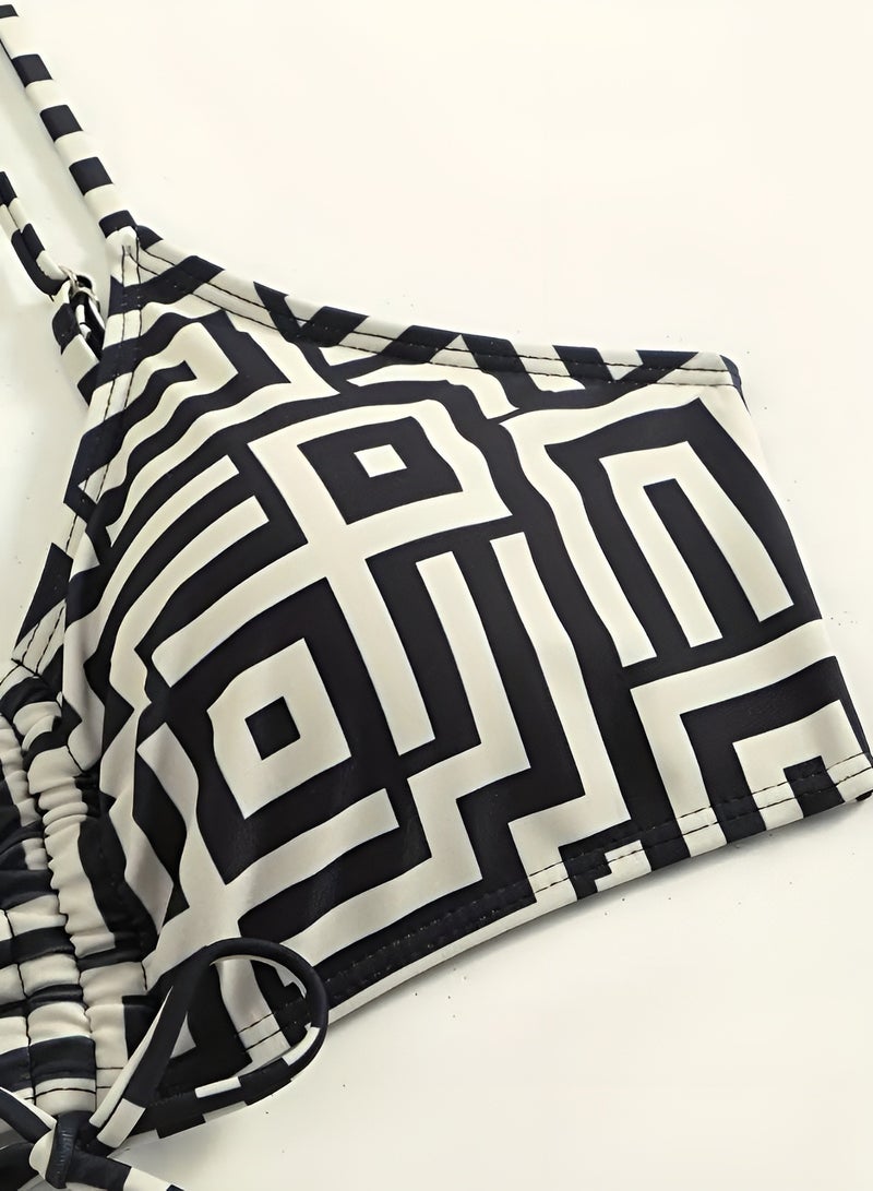 Charlie 3-Piece Women's Swimsuit Set – Black & White Geometric Bikini with Drawstring Top, High-Waisted Shorts & Lightweight Kimono Cover-Up | Stylish Swimwear for Beach, Pool & Vacation | 2025 Trendy Summer Beachwear for Women – Size S | Limited Stock  - Image 5