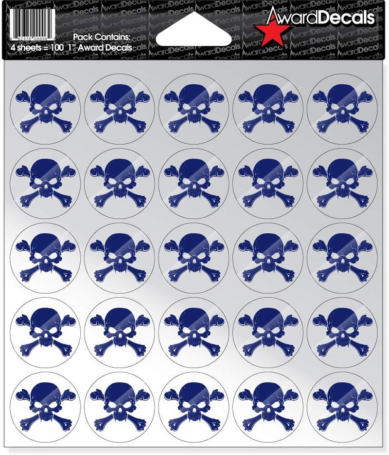 New Skull and Crossbone (Royal Blue on Clear) Sticker Set 1" (100 Decals) The Original Premium 20mil Thick Helmet Decals Made in The USA Since 1976