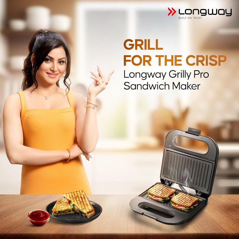 Longway Grilly Pro 850 W Toaster Griller Sandwich Maker Auto Cut Off Nonstick Coating Cast Aluminum Plates Easy Clean Power Indicators Black - Image 2