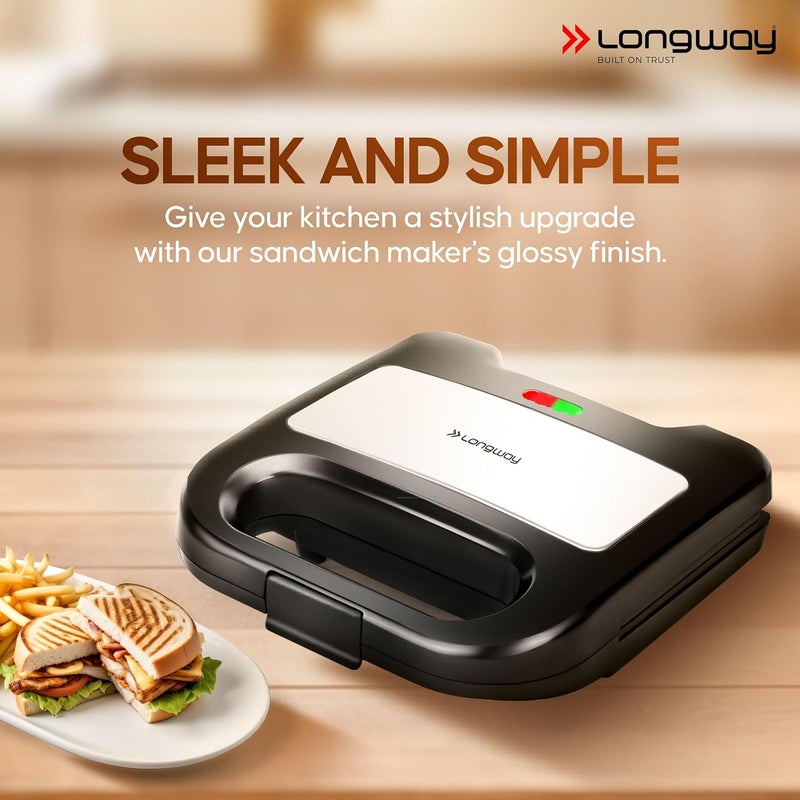 Longway Grilly Pro 850 W Toaster Griller Sandwich Maker Auto Cut Off Nonstick Coating Cast Aluminum Plates Easy Clean Power Indicators Black - Image 5