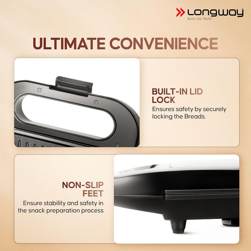 Longway Grilly Pro 850 W Toaster Griller Sandwich Maker Auto Cut Off Nonstick Coating Cast Aluminum Plates Easy Clean Power Indicators Black - Image 4