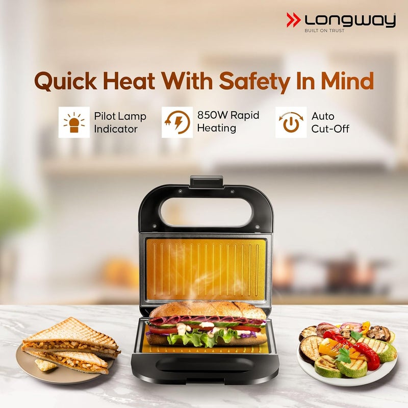 Longway Grilly Pro 850 W Toaster Griller Sandwich Maker Auto Cut Off Nonstick Coating Cast Aluminum Plates Easy Clean Power Indicators Black - Image 3