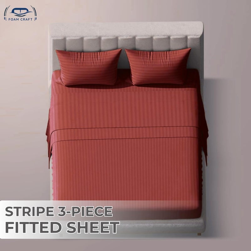 FOAM CRAFT Queen Size Striped Cotton Fitted Bed Sheet Set - 3 Piece with 300 Thread Count (Burgundy, 180 x 200cm) - Image 3