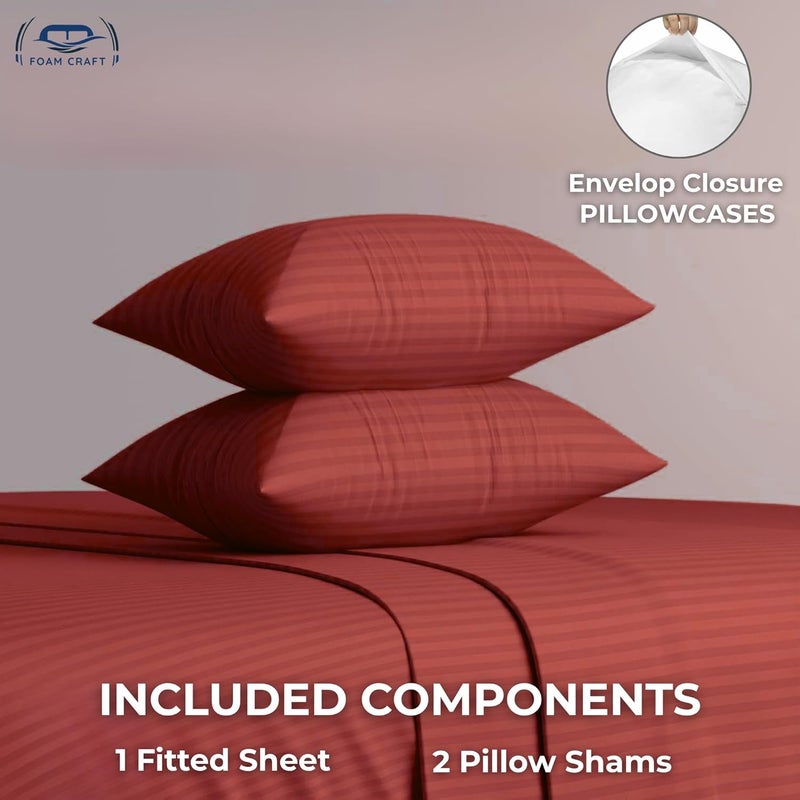 FOAM CRAFT Queen Size Striped Cotton Fitted Bed Sheet Set - 3 Piece with 300 Thread Count (Burgundy, 180 x 200cm) - Image 4