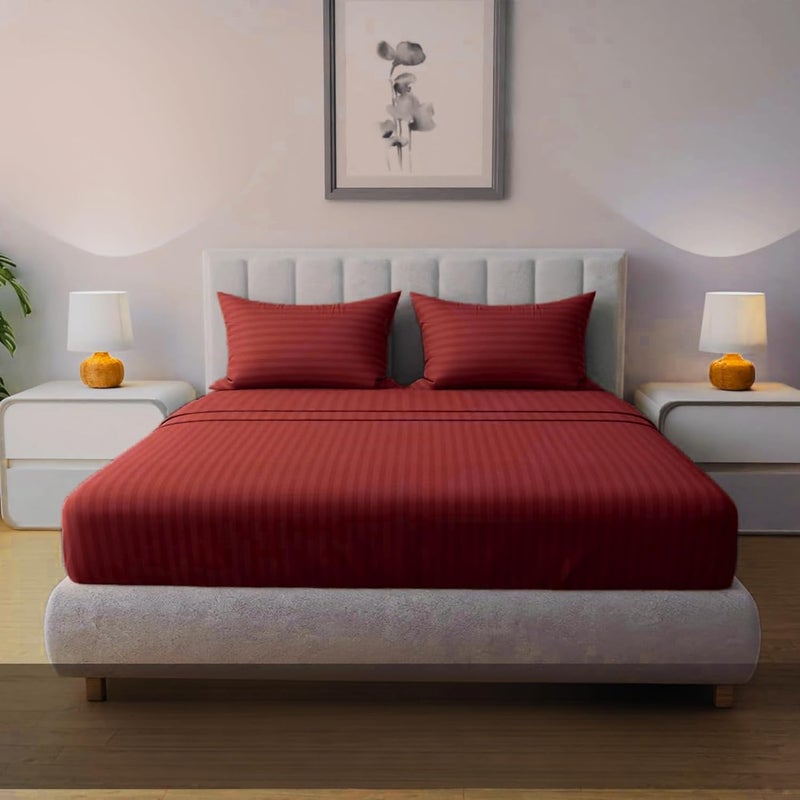 FOAM CRAFT Queen Size Striped Cotton Fitted Bed Sheet Set - 3 Piece with 300 Thread Count (Burgundy, 180 x 200cm) - Image 1