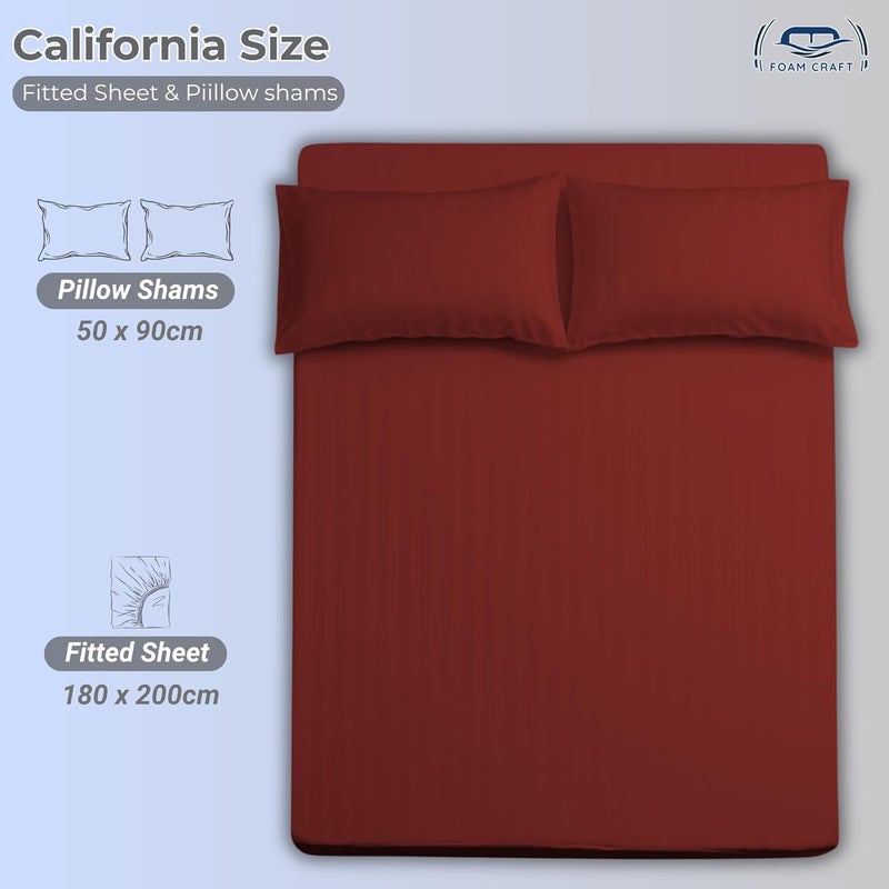 FOAM CRAFT Queen Size Striped Cotton Fitted Bed Sheet Set - 3 Piece with 300 Thread Count (Burgundy, 180 x 200cm) - Image 2