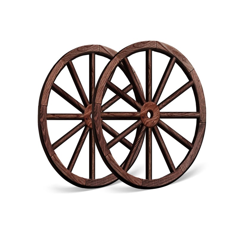 OYEFLY 2 Pcs Wagon Wheel Decor,Decorative Vintage Wood Garden Wagon Wheel,Vintage Rustic Wagon Wheel (Brown, 12 Inch) - Image 1