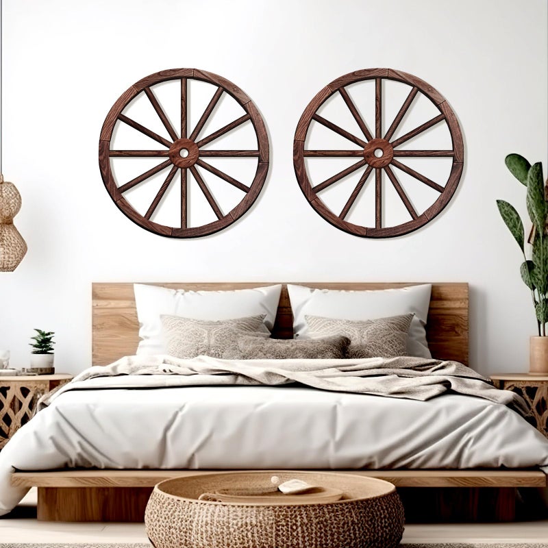 OYEFLY 2 Pcs Wagon Wheel Decor,Decorative Vintage Wood Garden Wagon Wheel,Vintage Rustic Wagon Wheel (Brown, 12 Inch) - Image 4
