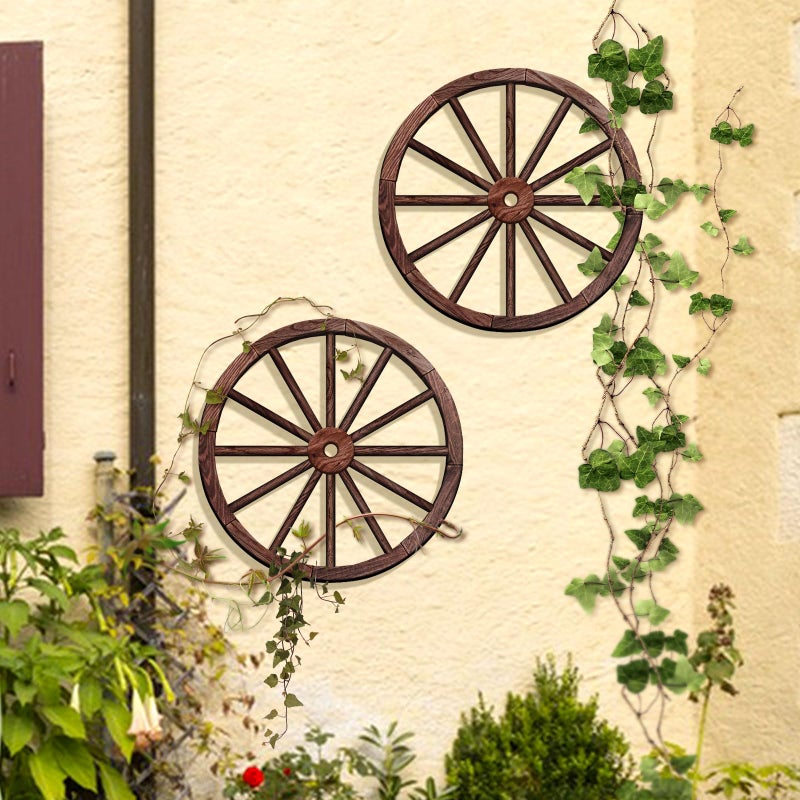 OYEFLY 2 Pcs Wagon Wheel Decor,Decorative Vintage Wood Garden Wagon Wheel,Vintage Rustic Wagon Wheel (Brown, 12 Inch) - Image 5