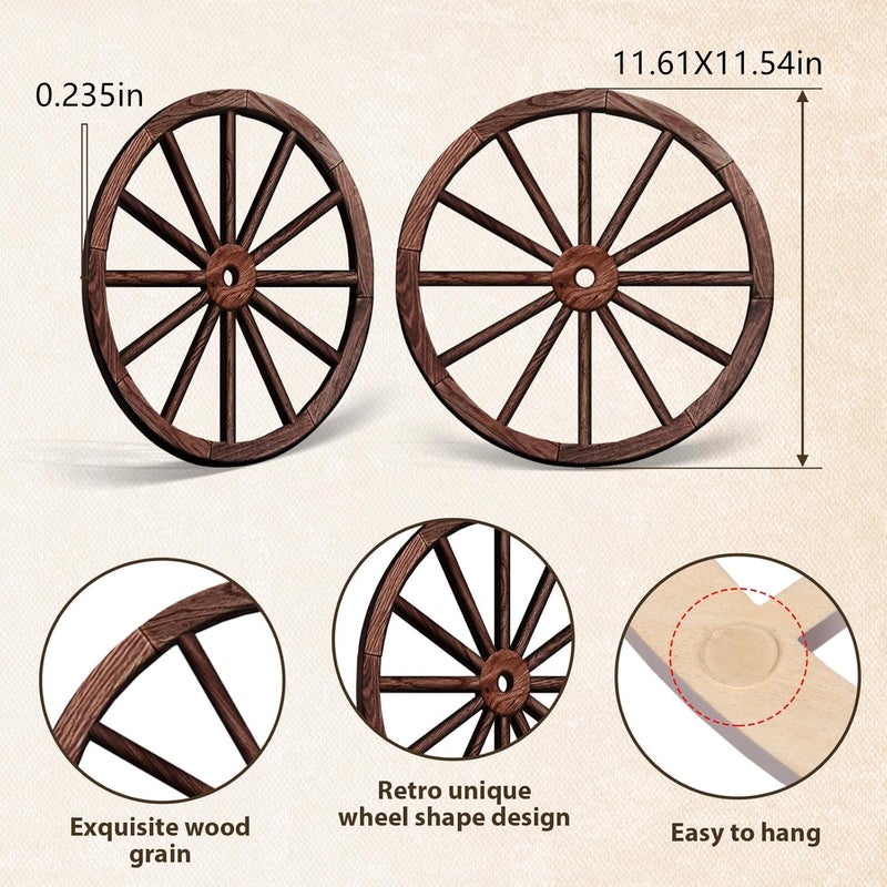 OYEFLY 2 Pcs Wagon Wheel Decor,Decorative Vintage Wood Garden Wagon Wheel,Vintage Rustic Wagon Wheel (Brown, 12 Inch) - Image 3