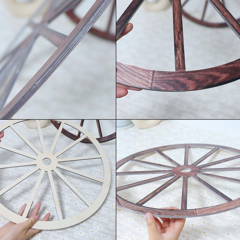 OYEFLY 2 Pcs Wagon Wheel Decor,Decorative Vintage Wood Garden Wagon Wheel,Vintage Rustic Wagon Wheel (Brown, 12 Inch) - Image 2