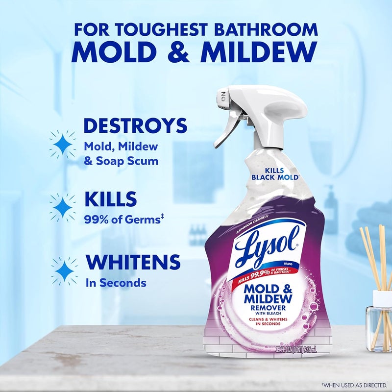 Lysol Mold & Mildew Remover Spray, Bathroom & Shower Cleaner, Disinfectant Spray, Stain Remover with Bleach, Tough on Black Mold, Multipurpose Cleaner for Home and Kitchen, 32oz (Pack of 4) - Image 2