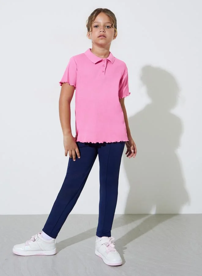 ستايلي Teen Girls Ribbed Polo T-Shirt with Lettuce Hem