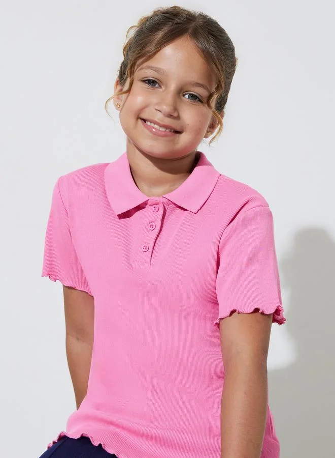 ستايلي Teen Girls Ribbed Polo T-Shirt with Lettuce Hem