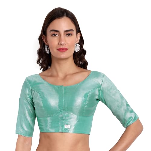 JISB Women's Tissue Elbow Length Sleeves Saree Blouse (36, Blue) - Image 1