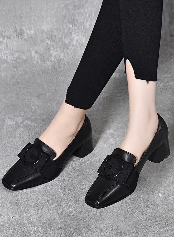 Fashion Office Ladies Shoes Women's PU Leather Pump Square Toe, Mid Heel Chunky Heel for Office Wear Comfortable Breathable and Non-slip Suitable for Daily Wear Black - Image 1