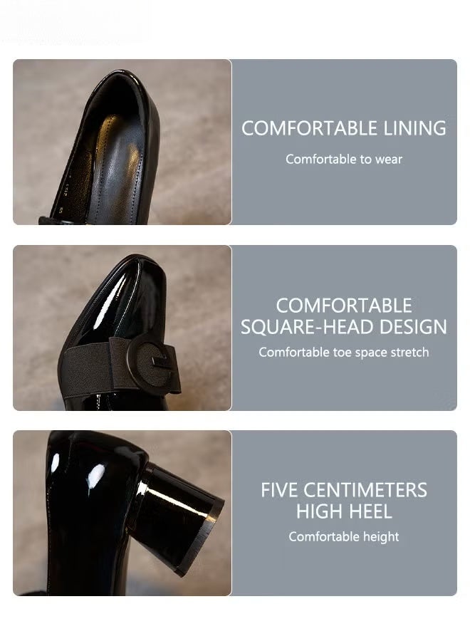 Fashion Office Ladies Shoes Women's PU Leather Pump Square Toe, Mid Heel Chunky Heel for Office Wear Comfortable Breathable and Non-slip Suitable for Daily Wear Black - Image 2