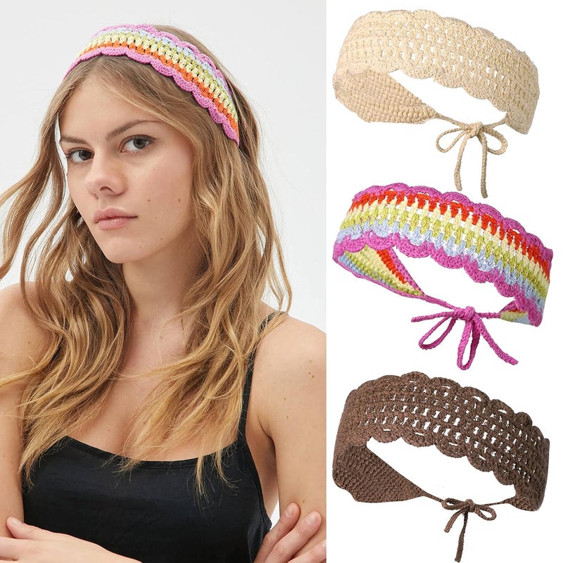 CHLINS Hairband 3PCS Crochet Headband Women Floral Hairband  Elastic Handmade Crochet Head Wrap Bohemian knit Headband for Women and GirlsRainbow Beige Dark Coffee