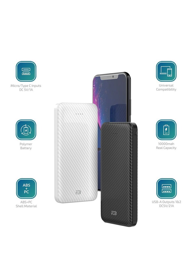 10000 mAh Powerbank with Dual USB-A Outputs and USB-C (Input Only) Ports Compatible with iPhone, Samsung, iPad, and More White