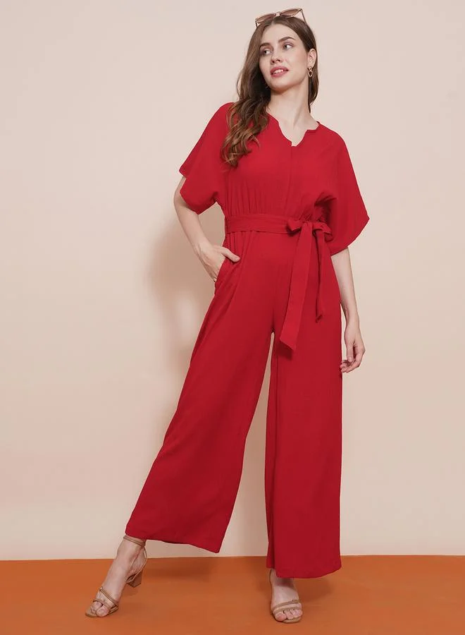 globus Solid Kimono Sleeves Waist Tie-Up Jumpsuit