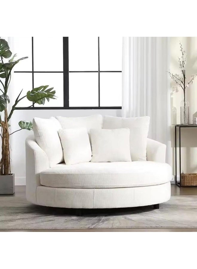 Modern Round Lounge Fabric Sofa Chair â€“ Solid Wood Frame, Indoor/Outdoor Use (White)