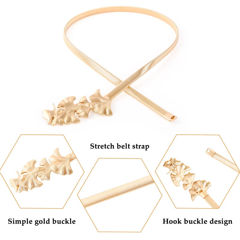 E-Clover Belts for Women Gold Waist Skinny Stretch Belt for Dresses Metal Waistband Leaf - Image 3