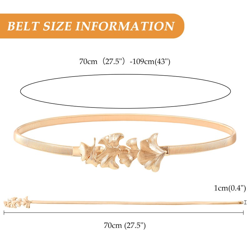 E-Clover Belts for Women Gold Waist Skinny Stretch Belt for Dresses Metal Waistband Leaf - Image 2