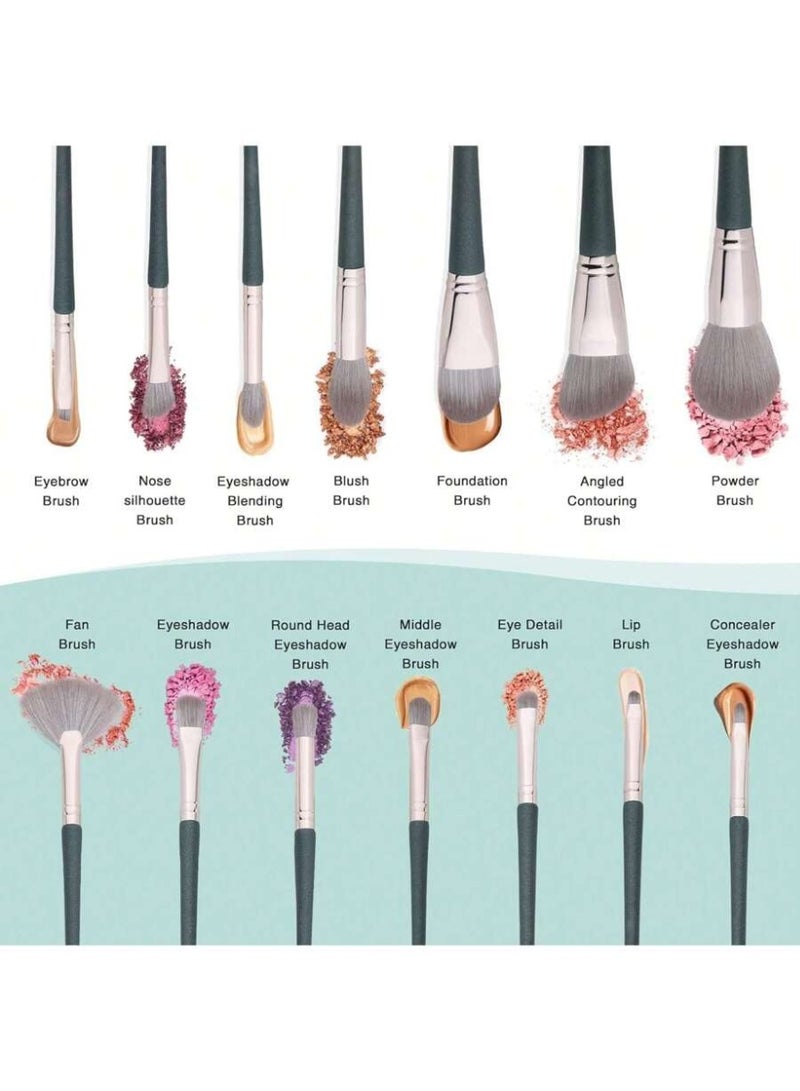 Professional Green Makeup Brush Set – 15-Piece Soft Bristle Cosmetic Brushes with Elegant Pouch – Full Face Makeup Kit - Image 4