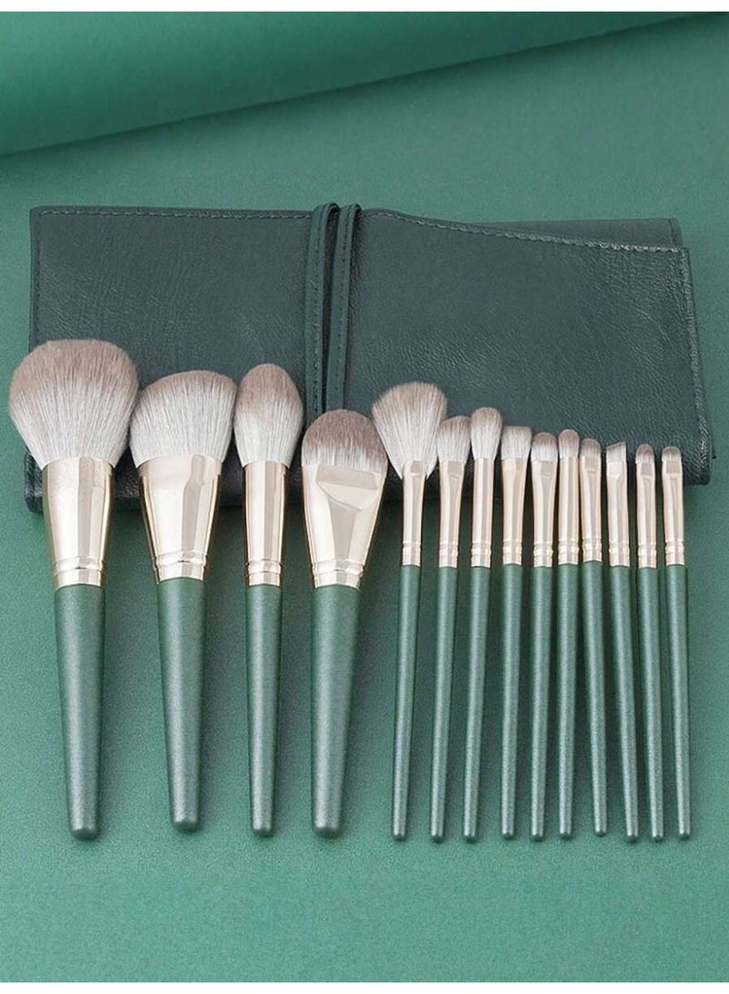 Professional Green Makeup Brush Set – 15-Piece Soft Bristle Cosmetic Brushes with Elegant Pouch – Full Face Makeup Kit - Image 2