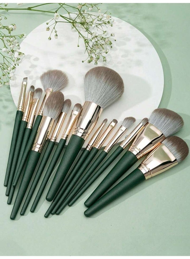 Professional Green Makeup Brush Set – 15-Piece Soft Bristle Cosmetic Brushes with Elegant Pouch – Full Face Makeup Kit - Image 1