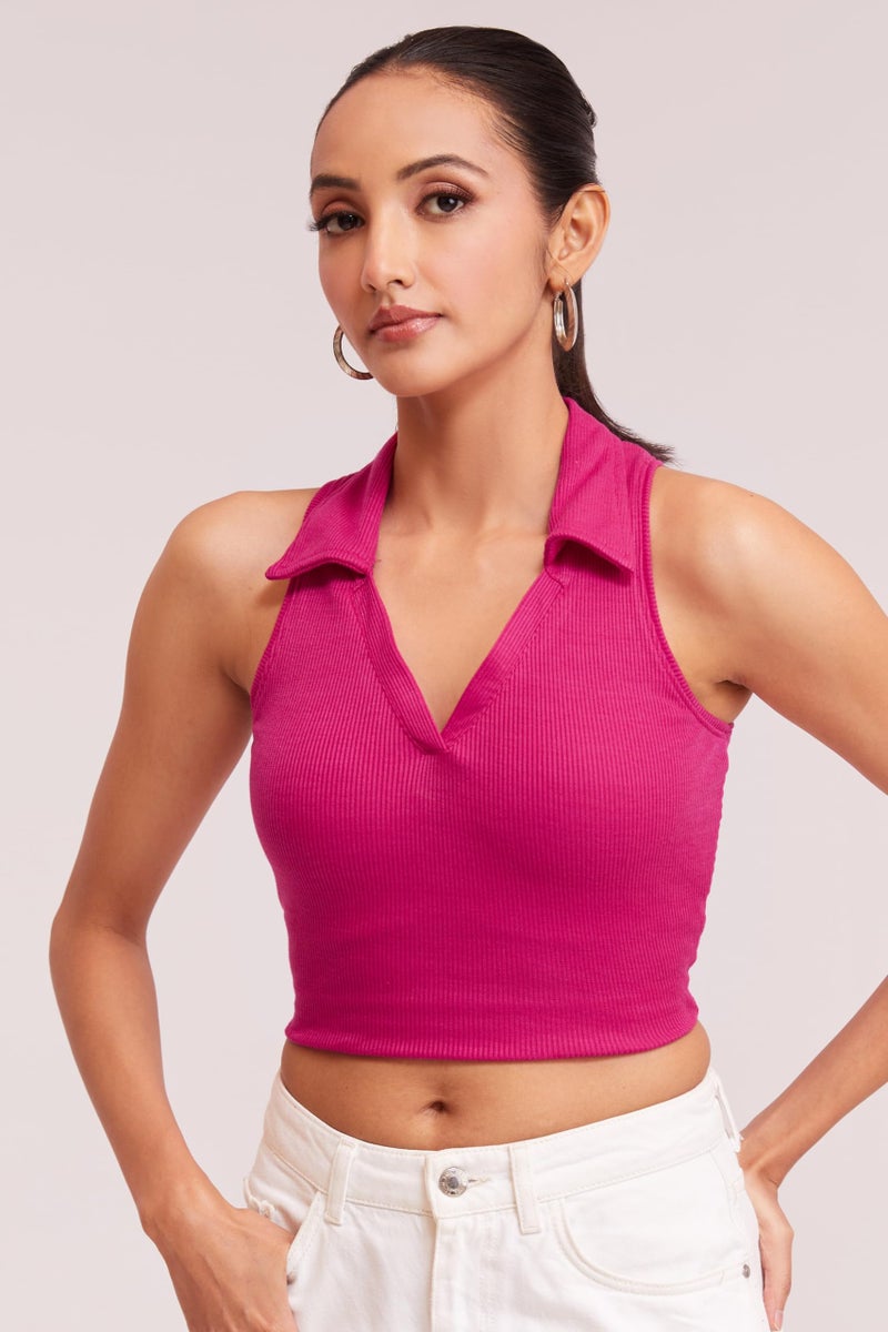 Berry&Bird BERRY BIRD® Stylish Sleeveless V-Neck Slim Fit Collar Ribbed Knit Tank Crop Tops for Women & Girls Beach and Gym Wear and Western Trendy Fashion Pink - Image 4