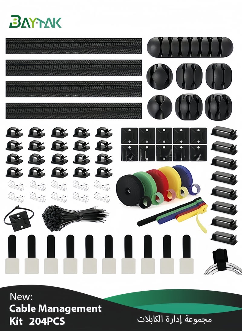 Baytak 204PCS Cable Management Kit, 4 Cable Sleeve 7 Cable Holder 38Cord Clips, 40 Pcs+5 Roll Cable Organizer Straps, 100 Fastening Cable Ties 10 Cable Zip Tie Mounts for Computer TV Under Desk Home - Image 1