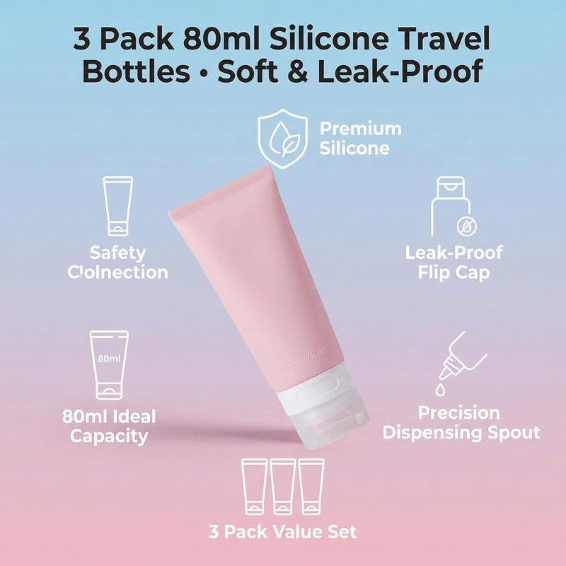 SYBL 3PCS Empty Refillable Pink Soft Silicon Squeeze Tube Portable Travel Bottle Cosmetic Containers Storage Holder For Cream Lotion Facial Cleaner Shampoo Shower Gel Toiletries - Image 3