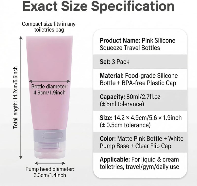 SYBL 3PCS Empty Refillable Pink Soft Silicon Squeeze Tube Portable Travel Bottle Cosmetic Containers Storage Holder For Cream Lotion Facial Cleaner Shampoo Shower Gel Toiletries - Image 2