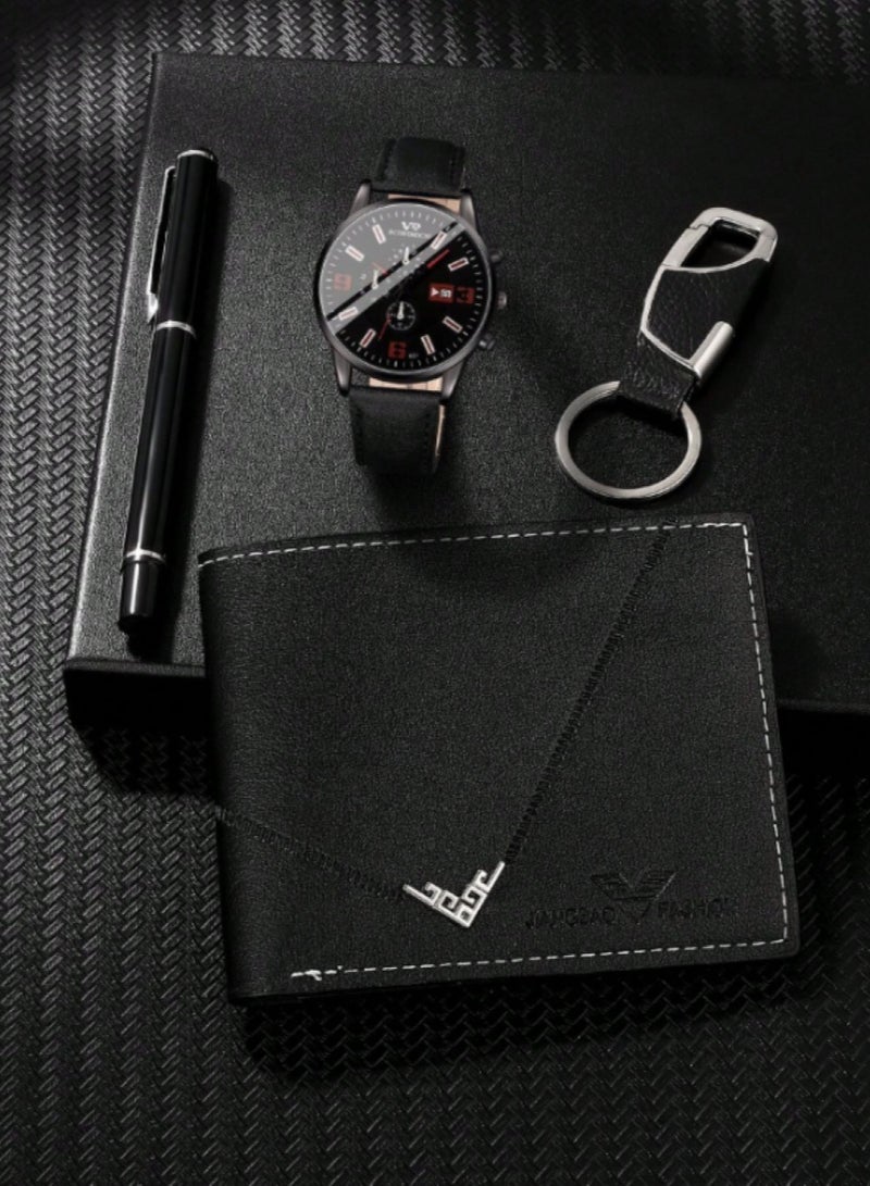 Men's Faux Leather Watch Set Includes Men's Quartz Watch, Signature Pen, Keychain and Wallet, Great Gift for Men (4 Pieces) - Image 1