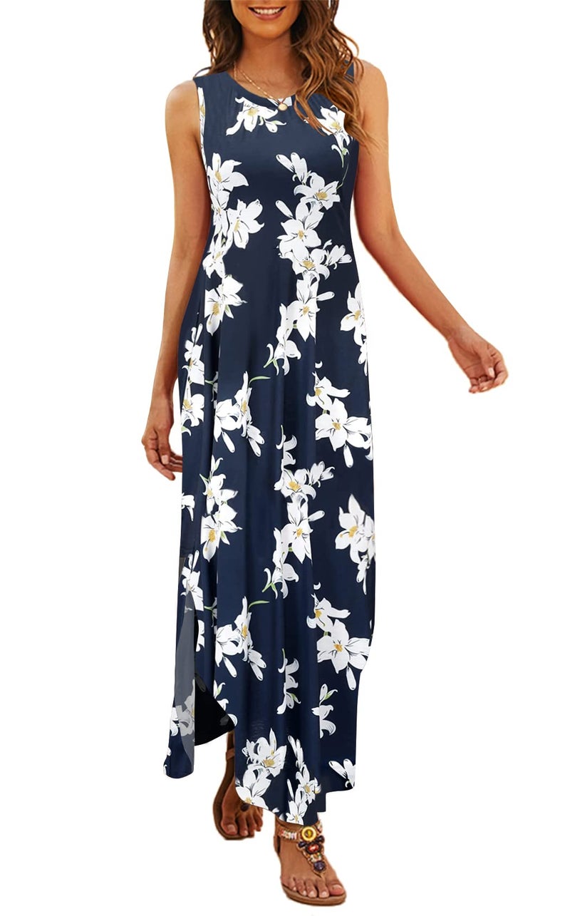 Hount Women's Casual Summer Sleeveless Dress Loose Split Maxi Dresses with Pockets (F-Navy White, Small) - Image 1