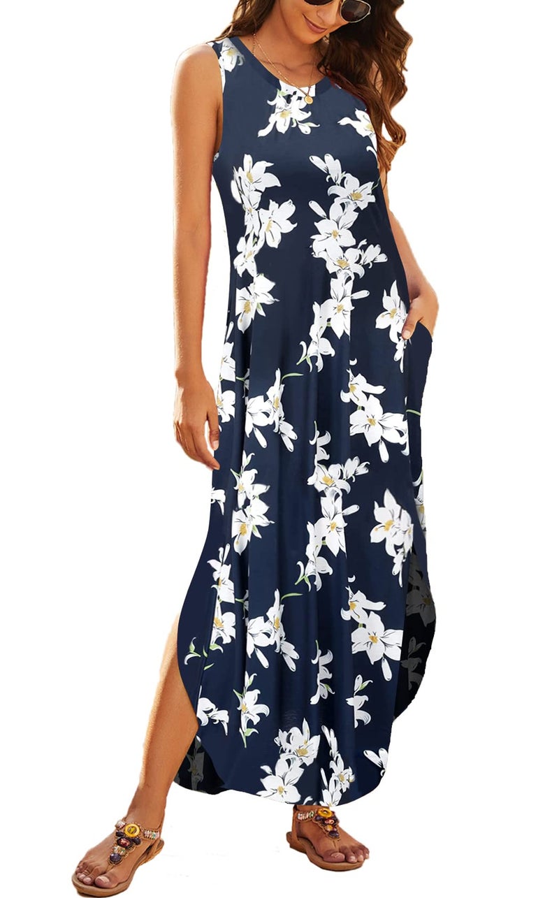 Hount Women's Casual Summer Sleeveless Dress Loose Split Maxi Dresses with Pockets (F-Navy White, Small) - Image 2